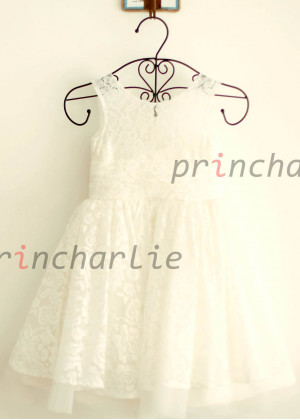 On Sale Ivory Lace Tulle Knee Length Flower Girl Dress